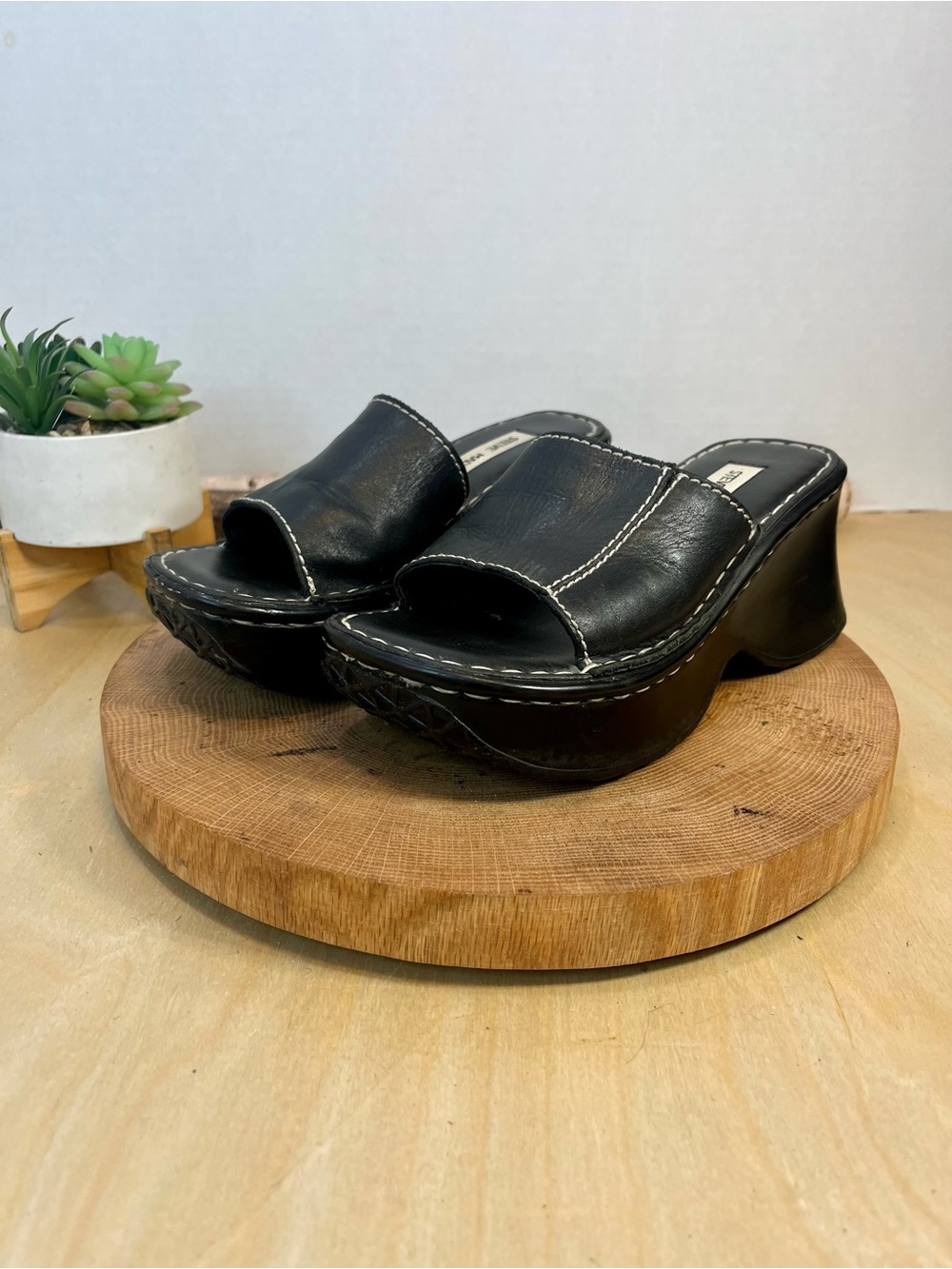 Steve Madden Vintage Ignite Platform Wedge Slides - Black Leather - Size 6.5B - Picture 7 of 16